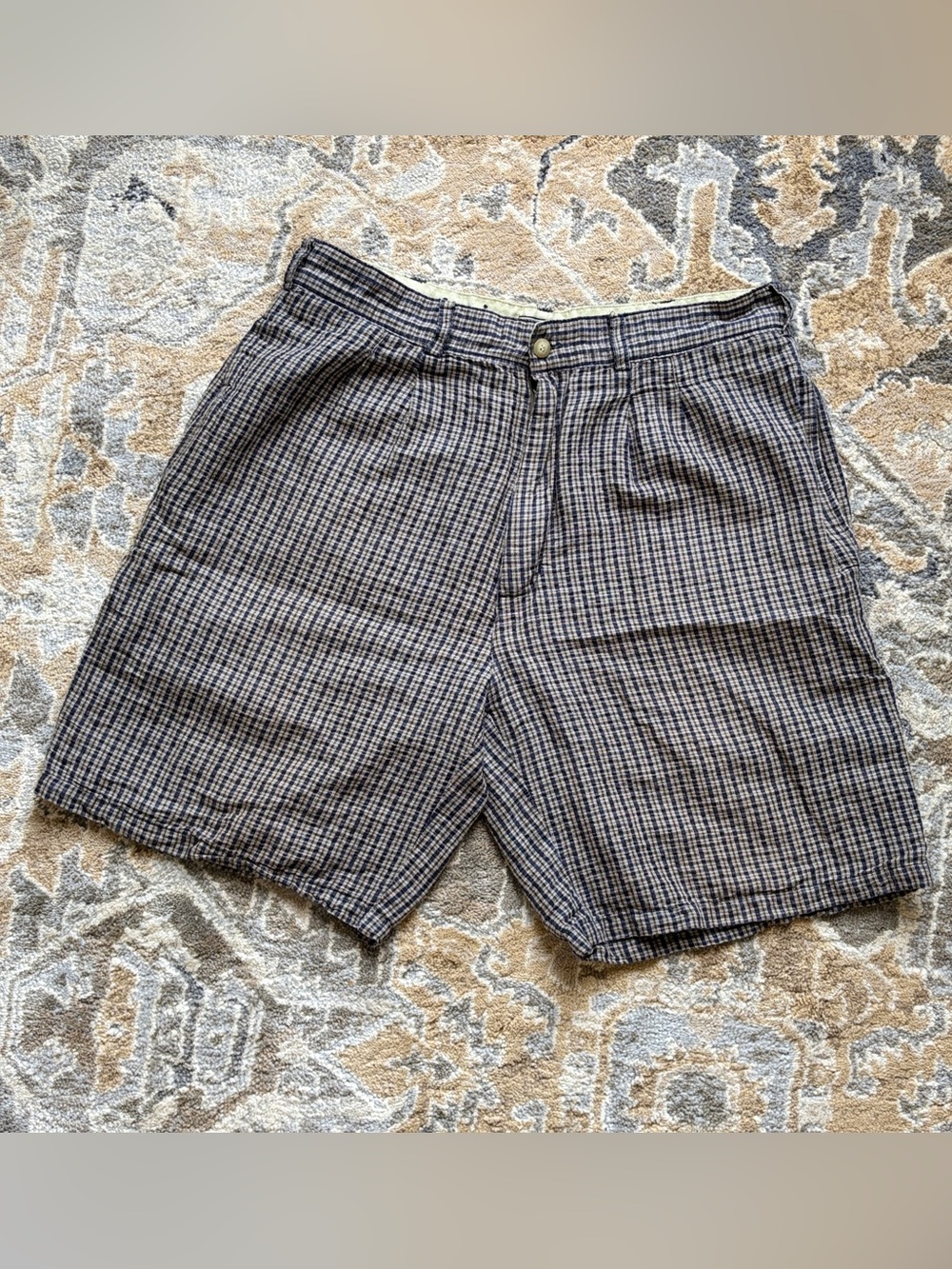 Vintage Bugle Boy Pleated Plaid Shorts Navy Blue Khaki Chino 90s Dad Grandpacore